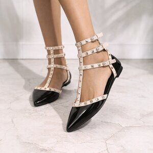 Studded Pointed Toe Punk Flats – Black Patent & Beige Triple Buckle Sandals